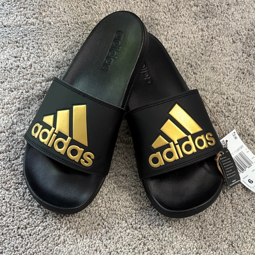 NWT Adidas Adilette Black and Gold Slides 6 Women 7 Men